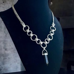 Handmade maille stainless steel cuban chain necklace + black obsidian bullet